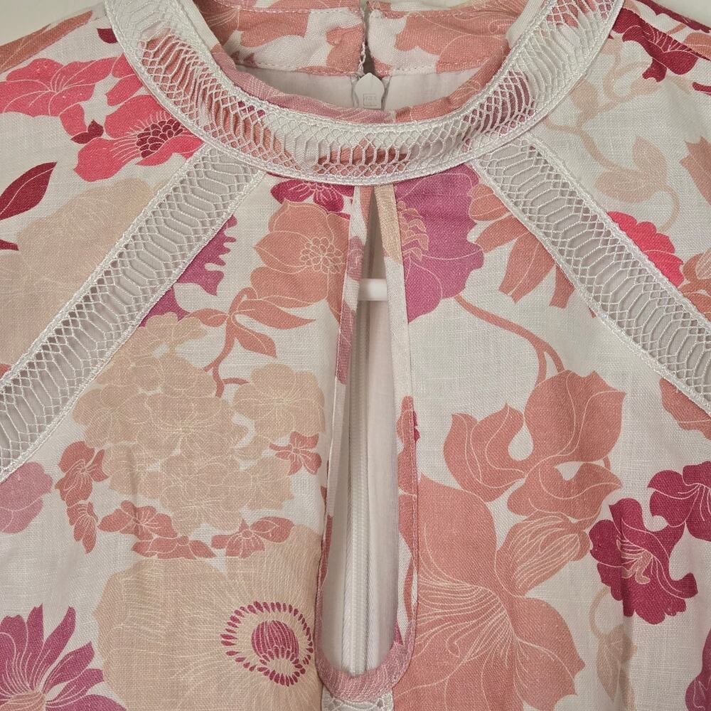 Ted Baker Denissa Linen Floral Midi Dress Pink Lace Cut Out Bishop Sleeve US 6 - Picture 11 of 15
